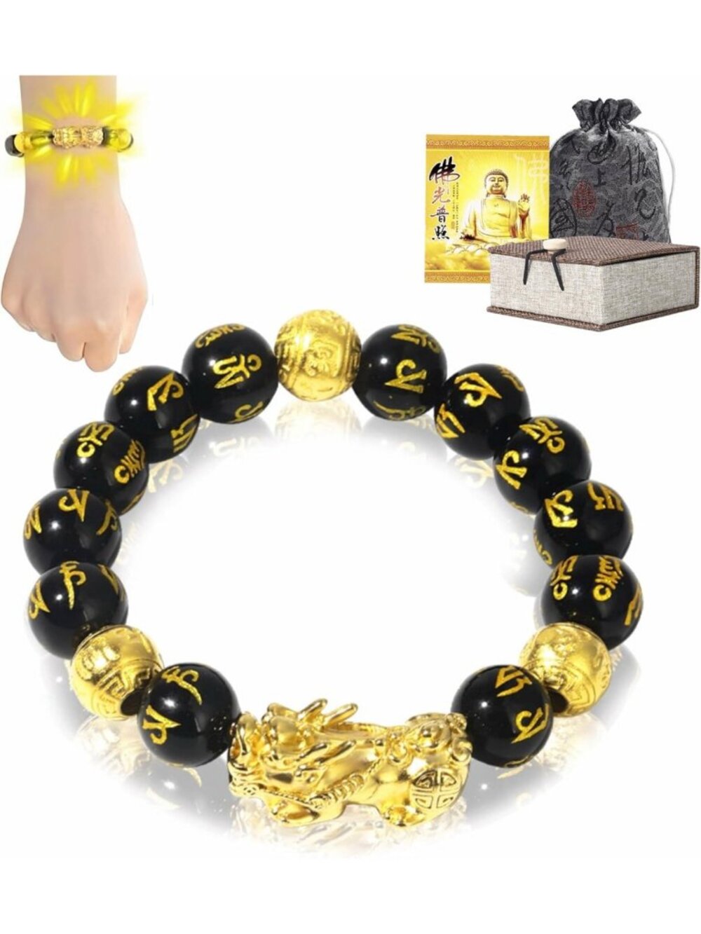 Obsidian Feng Shui Bracelet with Gold Plated Pixiu - Wealth & Luck Charm for All